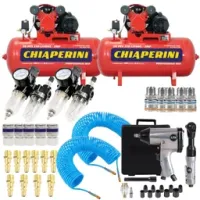 Combo com 2 Compressores de Ar 10 Pés 110L 2HP Bivolt com Ferramentas Pneumáticas e Acessórios CHIAPERINI-K8702